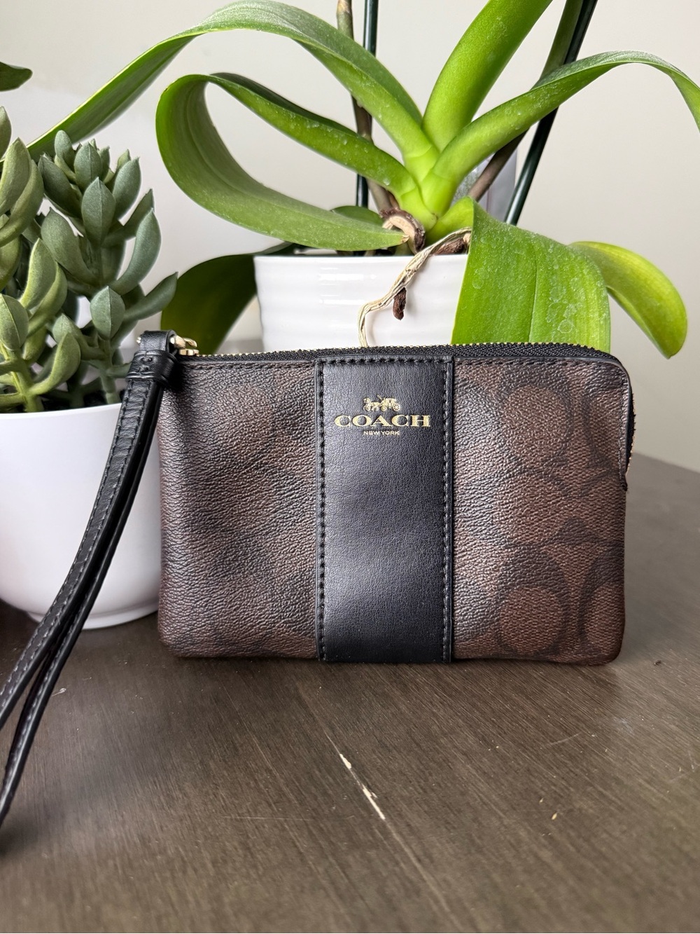COACH Brown & Black Signature Leather Wristlet